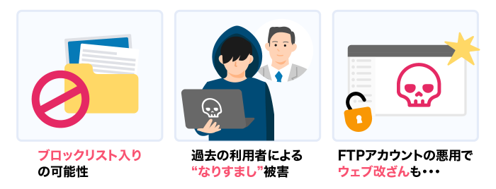 ブロックリスト入り、なりすまし被害、FTPアカウントでの改ざん被害のイメージ画像