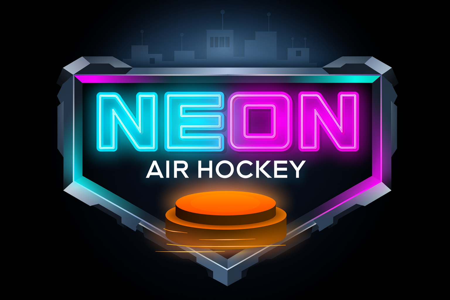 NEON AIR HOCKEYのタイトルロゴ。シアンとマゼンタに光るネオンの「NEON」の文字と「AIR HOCKEY」の文字を、角の欠けた金属調の枠で囲み、枠の下にオレンジ色のパックが置かれている