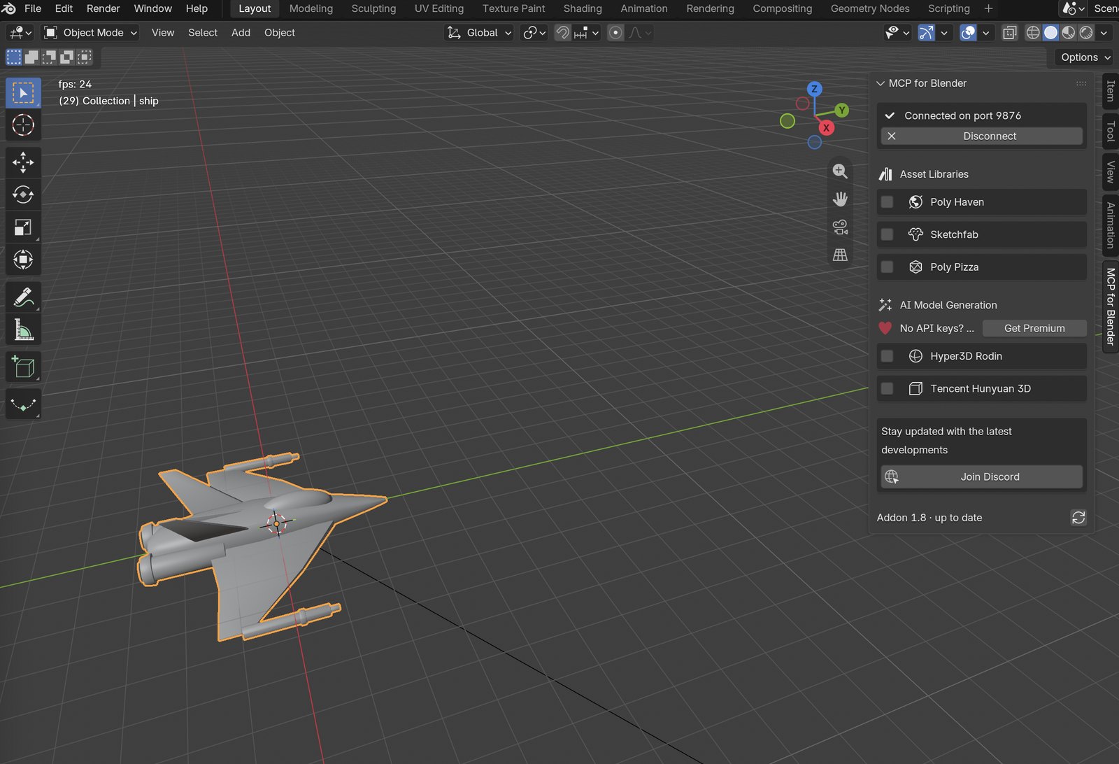 Blenderの画面。中央に作成途中の機体のモデルが表示され、右側のパネルに「MCP for Blender」の接続状態(Connected on port 9876)が表示されている