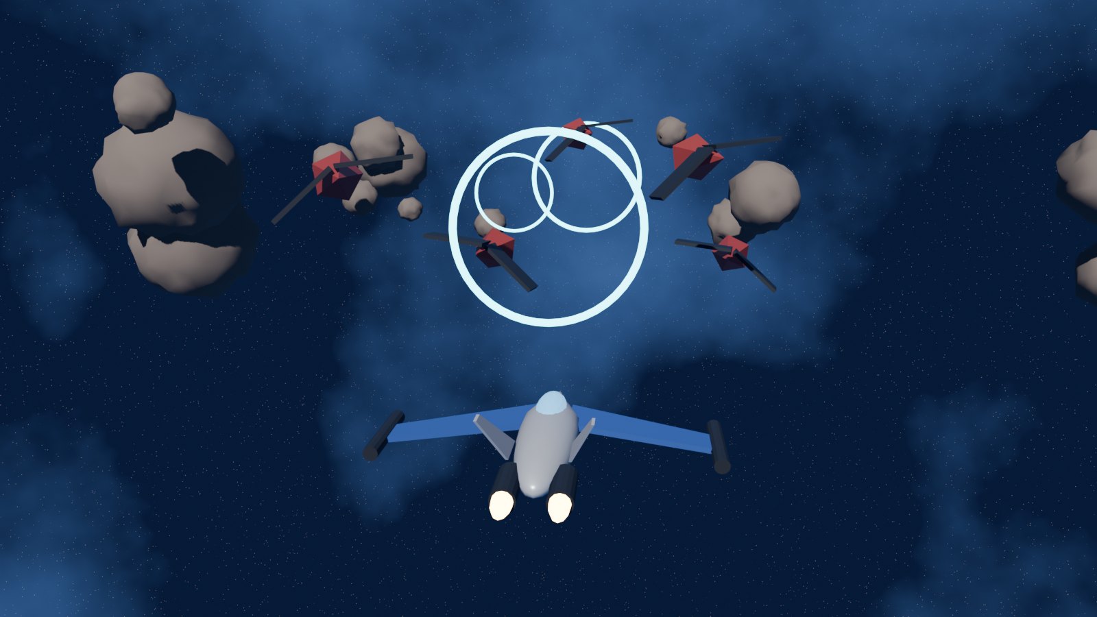 Blenderで作ったイメージ図。宇宙空間に、自機、敵機、小惑星、光るリングが並んでいる