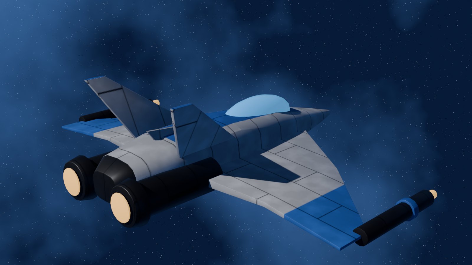 Blenderで作った自機のモデル。白と青の機体で、後退翼、双尾翼、翼端の砲、2基のエンジンが見える