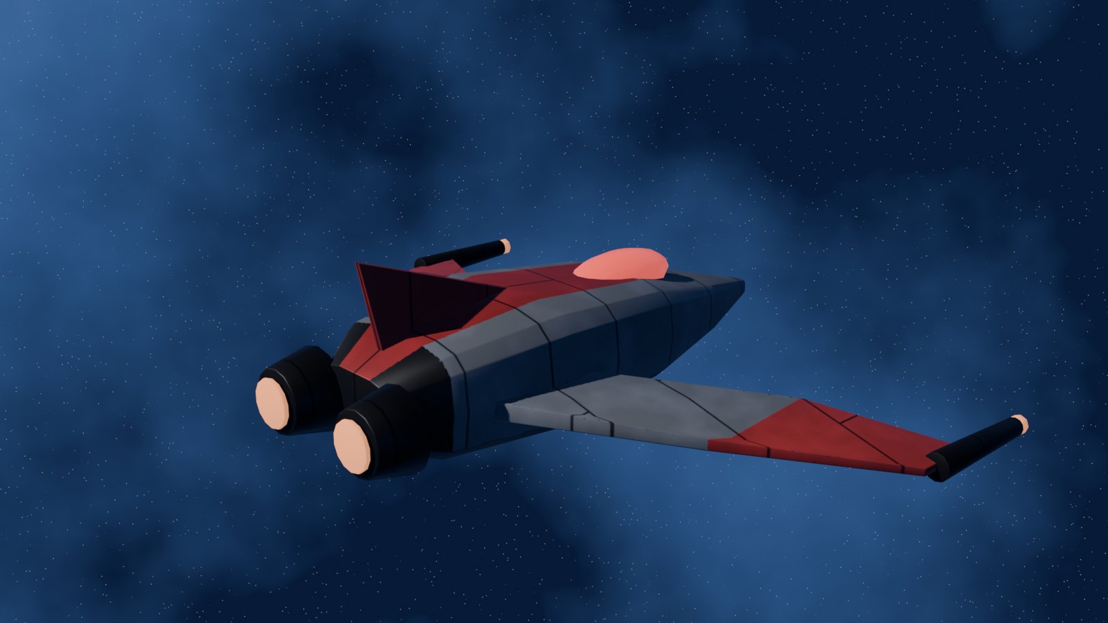 Blenderで作った敵機のモデル。ガンメタルの機体に赤い翼と赤い単眼が付いている