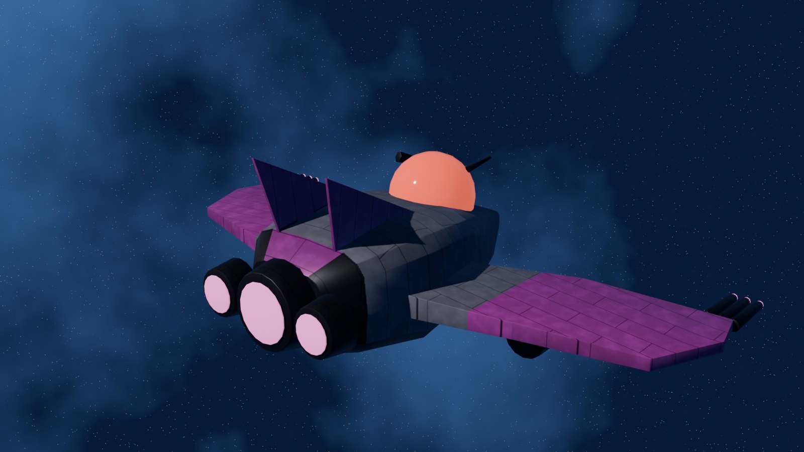 Blenderで作ったボスのモデル。紫の翼と、赤いコアを持つ大型の機体